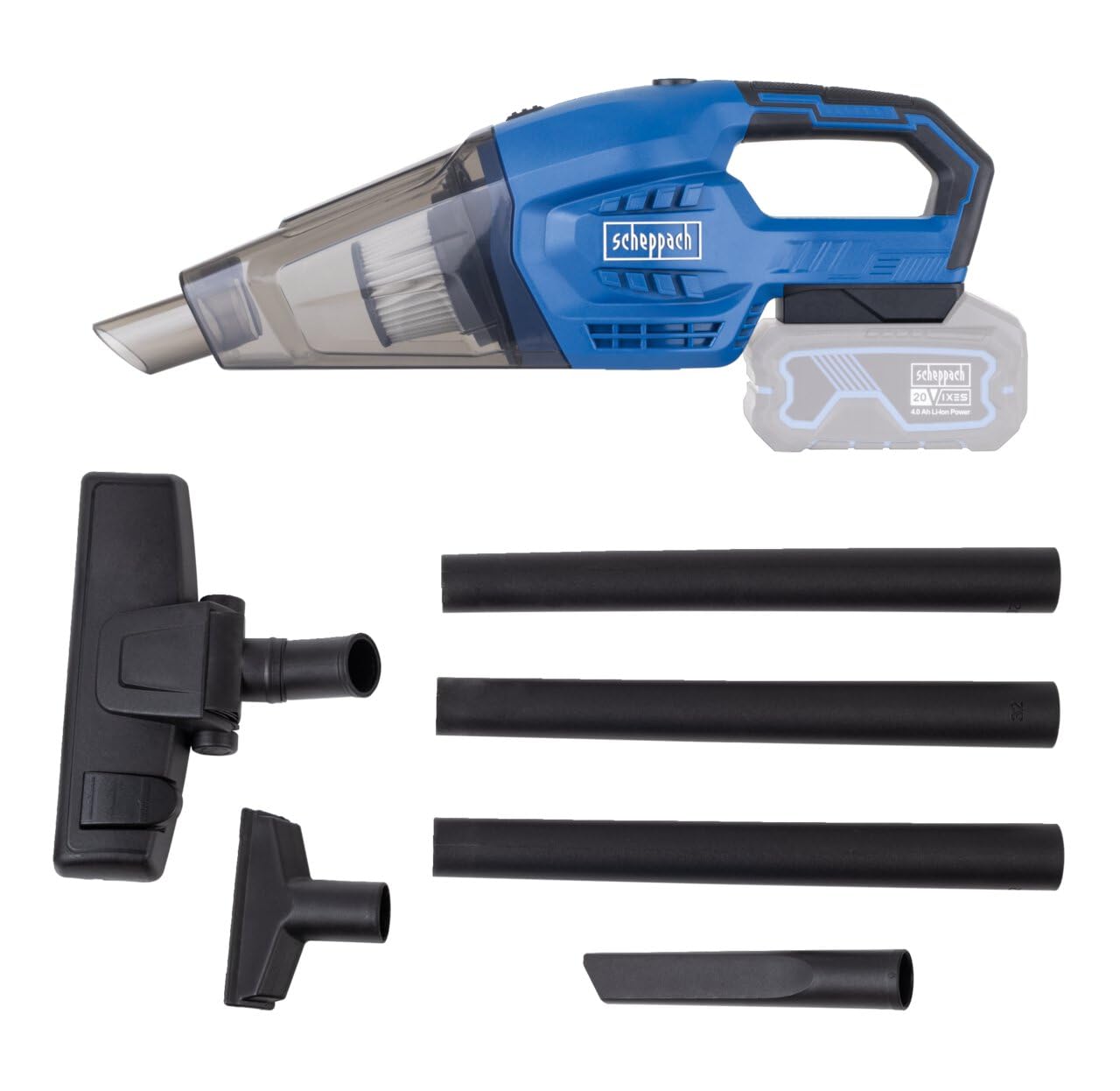 Scheppach Aspiradora de mano con batería C-HVC150-X, potencia de aspiración de 10 kPa, depósito de 560 ml, con 3 boquillas y tubos de extensión, serie 20 V-IXES, sin batería ni cargador