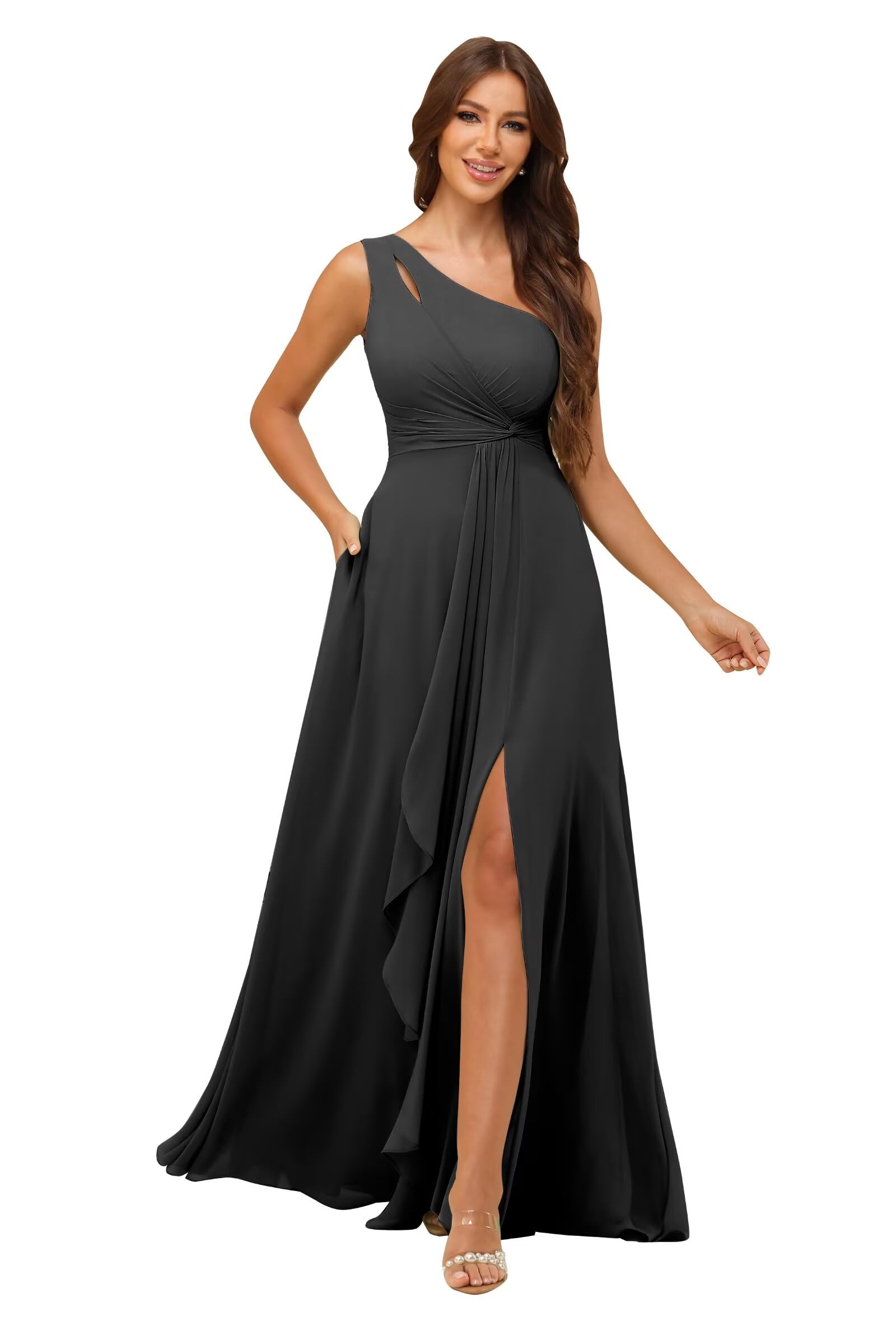 homdor Chiffon One Shoulder Bridesmaid Dresses 2026 with Pleated Bodice Long Ruffles A Line Formal Dress for Women with Slit