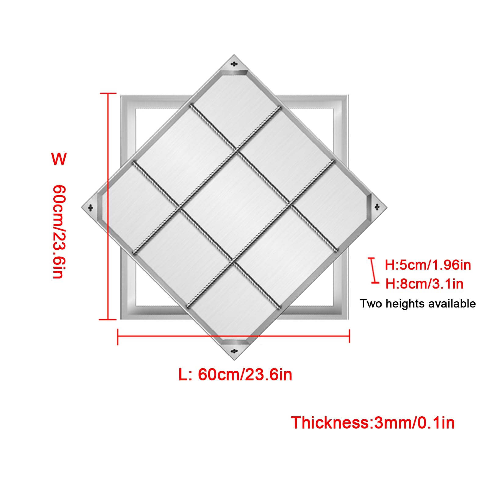 Coperchio e Telaio Invisibili per pozzetto Quadrato in Acciaio Inox 60x60 cm - Coperchio per Fossa settica da Giardino per patii, Cortili, scuole (Altezza 5 cm)