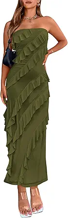 BTFBM Women Summer Elegant Strapless Midi Ruched Bodycon Dress Solid Color Stretch Mesh Slim Party Cocktail Dresses