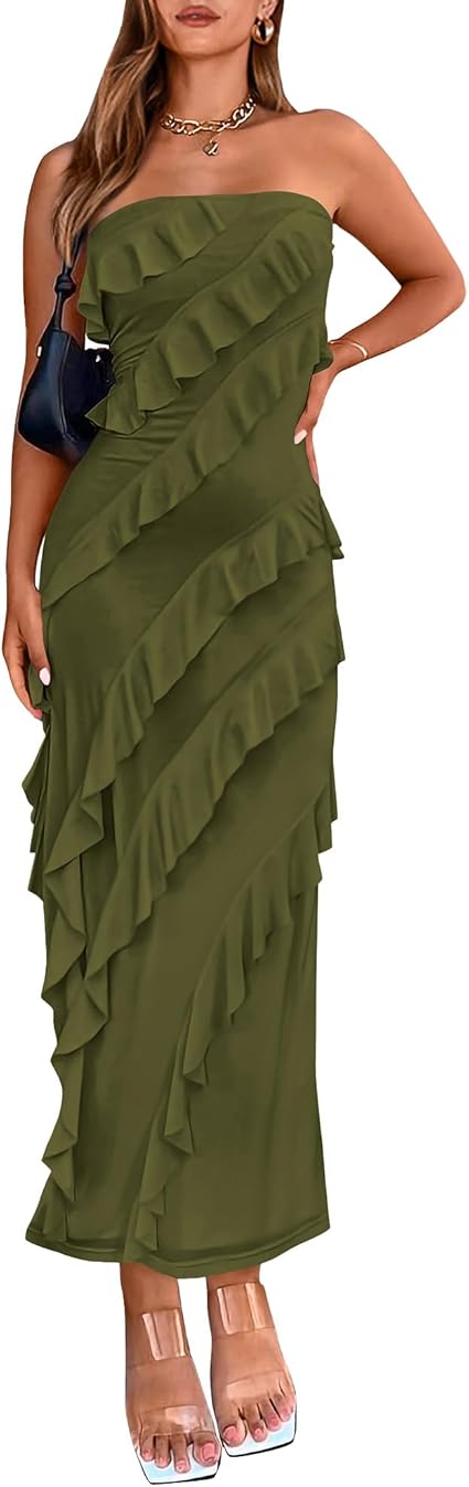 BTFBM Women Summer Elegant Strapless Midi Ruched Bodycon Dress Solid Color Stretch Mesh Slim Party Cocktail Dresses