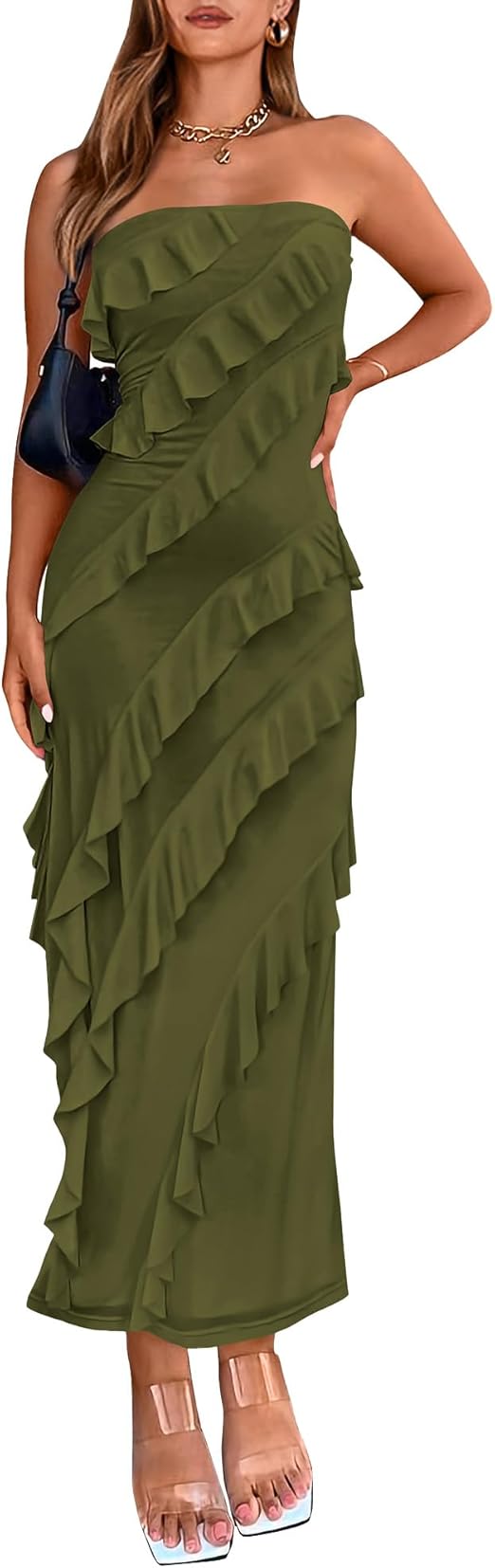 BTFBM Women Summer Elegant Strapless Midi Ruched Bodycon Dress Solid Color Stretch Mesh Slim Party Cocktail Dresses