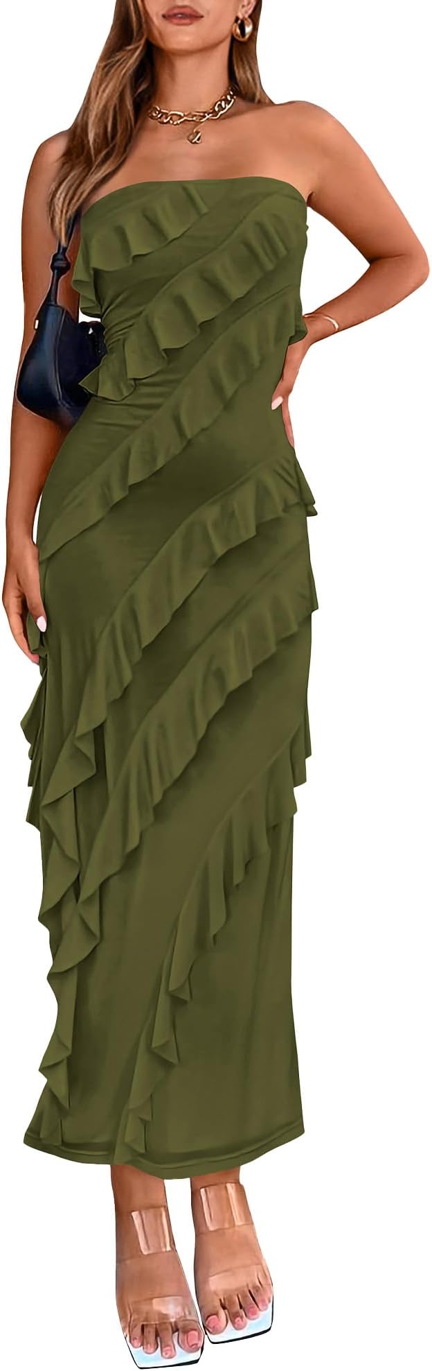 BTFBM Women Summer Elegant Strapless Midi Ruched Bodycon Dress Solid Color Stretch Mesh Slim Party Cocktail Dresses