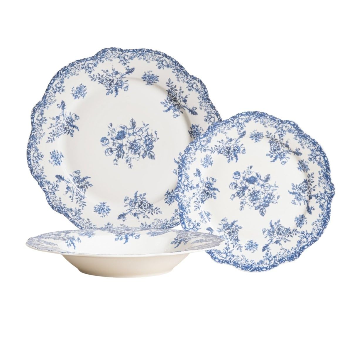 Kombiservice 18-teilig für 6 Personen, Porzellan Geschirrset im Vintage- & Landhausstil, Weiß-Blau Teller-Set mit Blumenmuster, Klassisches Tafelservice (Kombiservice 12-teiliges - Blau)