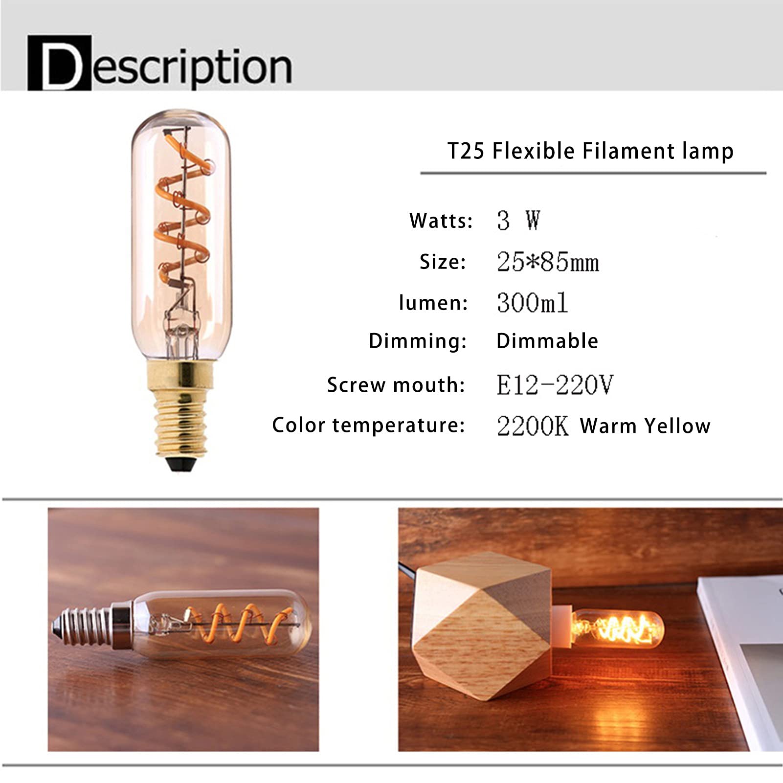 Lampadina LED vintage dimmerabile T25 3W filamento a spirale LED Edison E12 Lampadina, 2200k Giallo caldo, Lampadina illuminazione domestica senza sfarfallio, Confezione 4