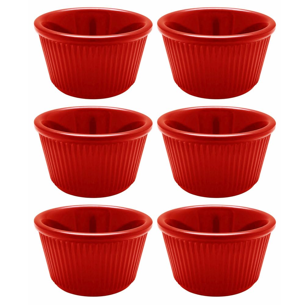 6 Mini Ramekins Red Melamine Condiment Bowl Souffle Dish Saucer Cups BPA Free 1.5oz Small Condiment Container Fluted Durable Dining Kitchen Essential Custard Syrup Dipping Sauce Dip Appetizer Sample
