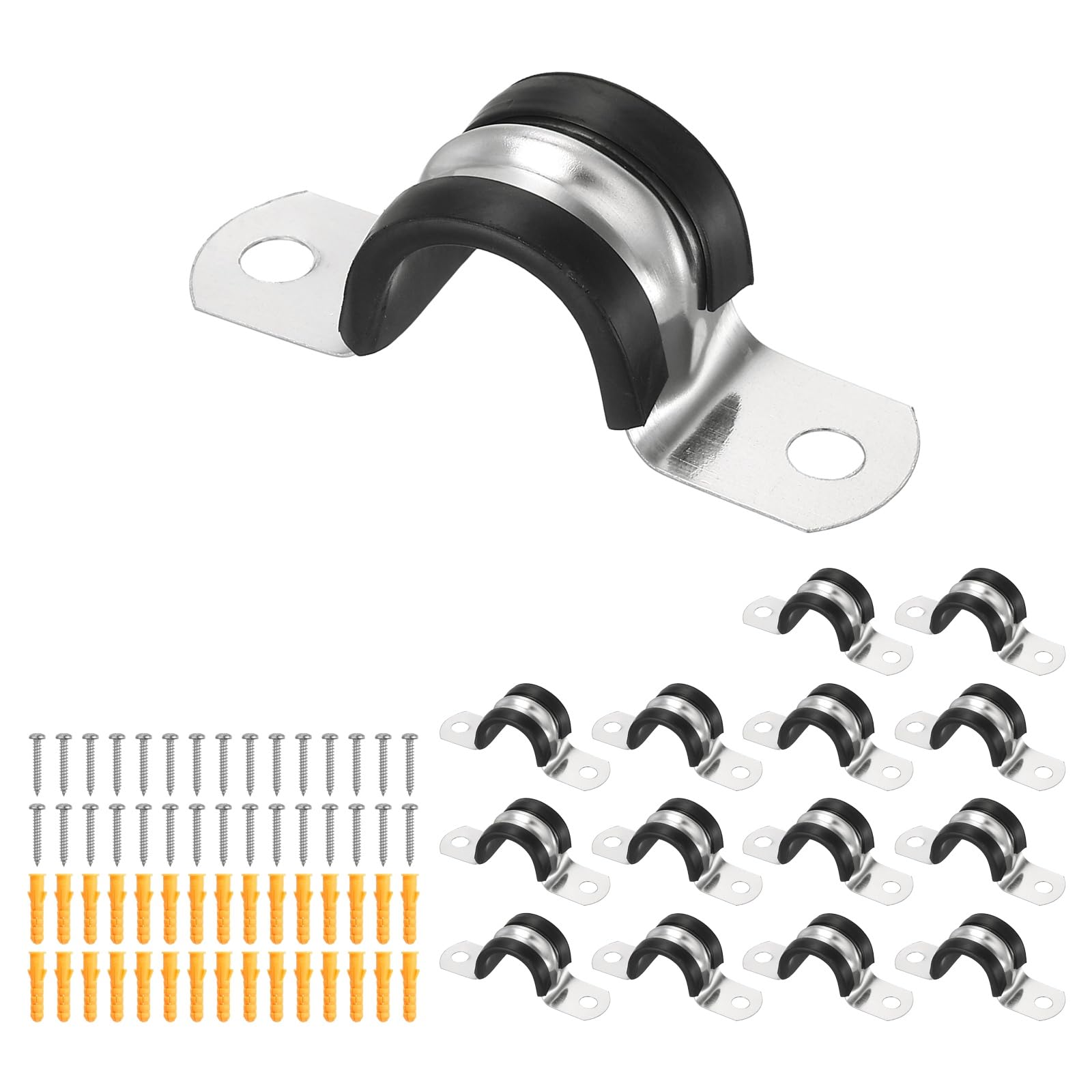 sourcing map 15 Pcs Pipe Strap Clamp, 20mm(0.79") Rubber Cable Clamp Rubber Cushioned 304 Stainless Steel U Bracket Tube Holder Support with Screws for Water Pipe HVAC Cable Management — image 1