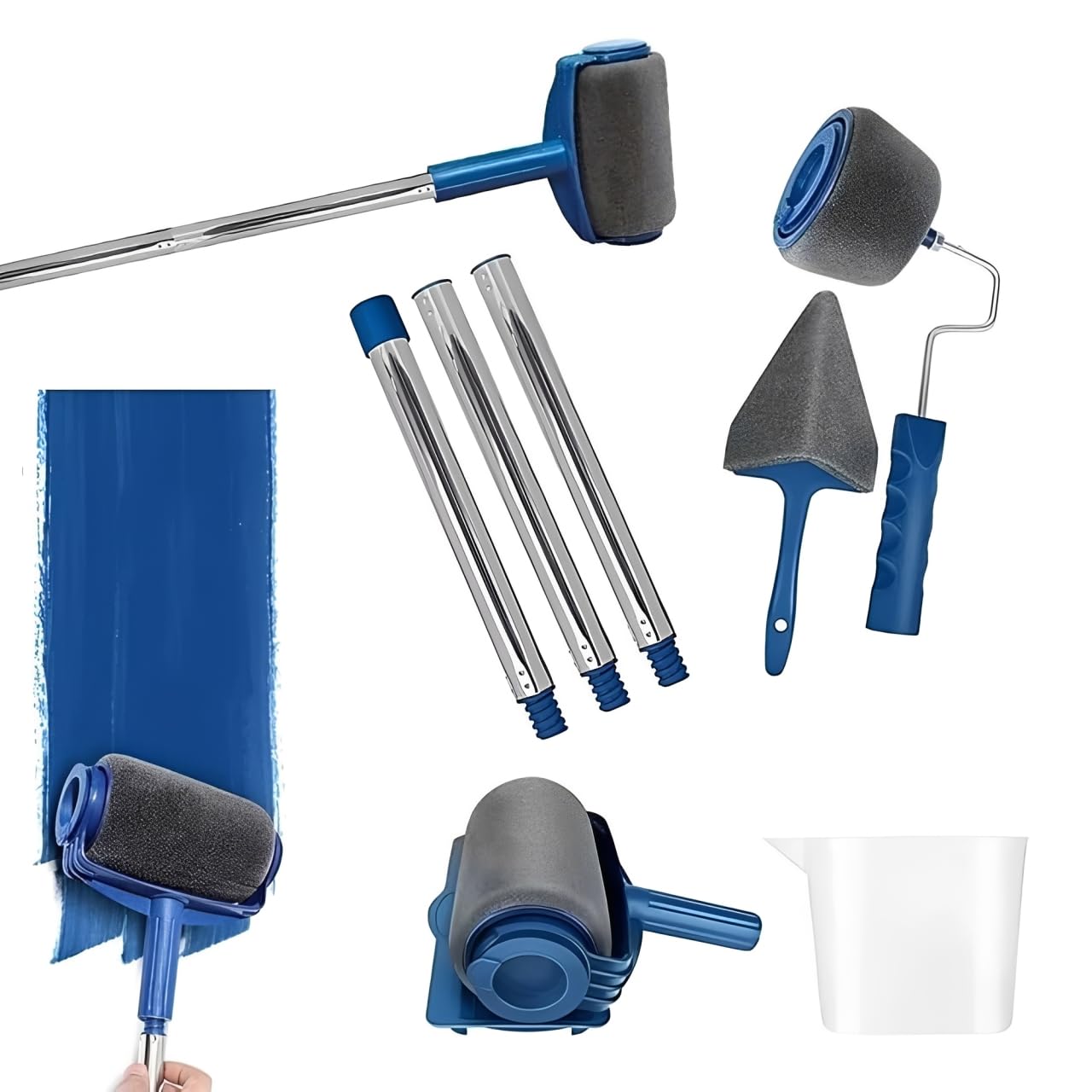 Sizi Blue & Grey Wall Paint Roller Kit 8-Piece Set | No-Drip Refillable Roller, Edger & Corner Tools With 95Cm Telescopic Handle – Smooth, Easy Paintin