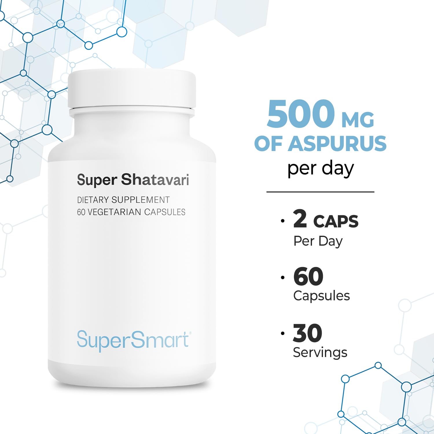 Super Shatavari - Soutien Naturel pour la Ménopause - Réduction des Bouffées de Chaleur, Sueurs Nocturnes, Fatigue et Changements d’Humeur - Etude clinique - 60 Gélules Végétales - SuperSmart