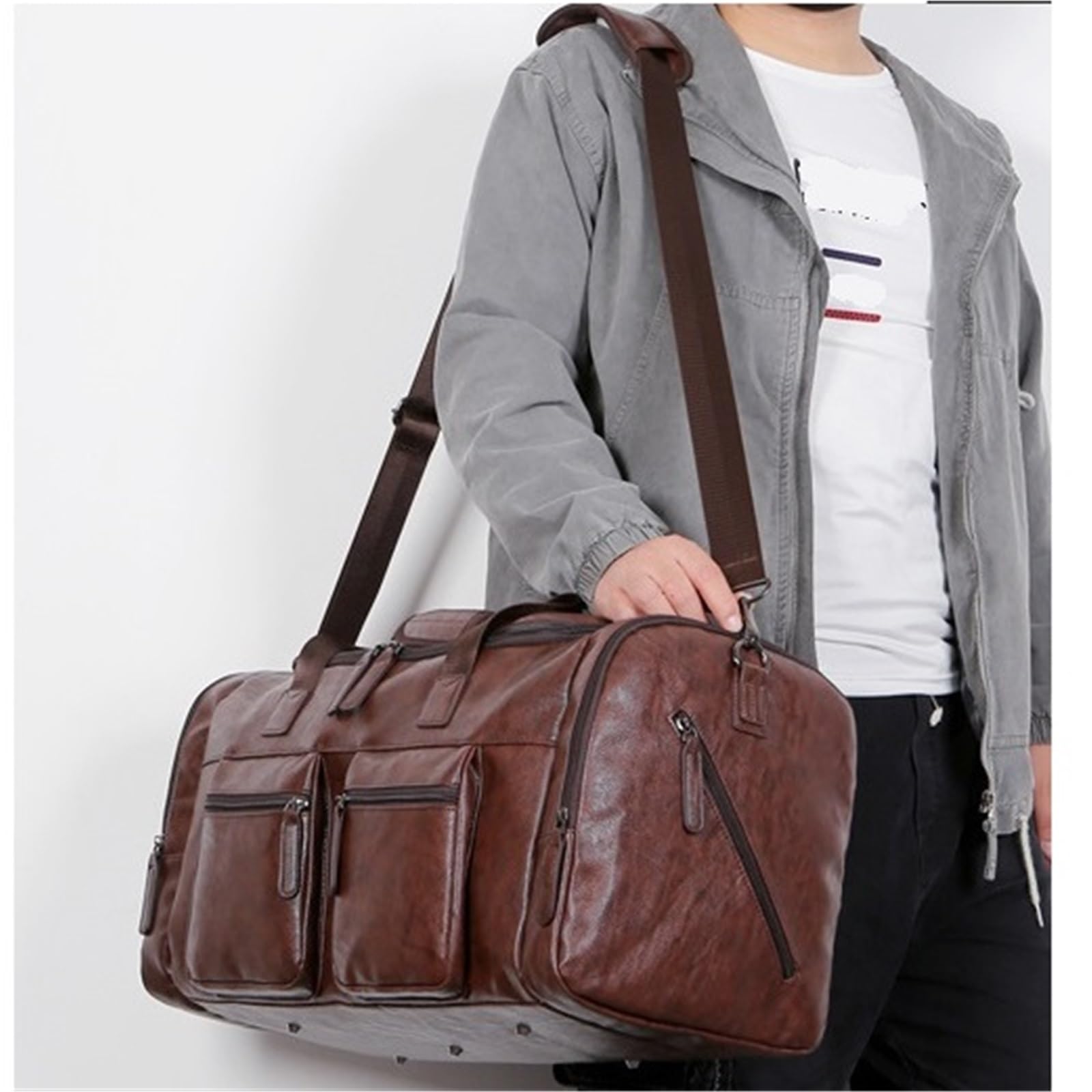 Retro męska torba podróżna ze skóry, pojemność na jedno ramię, na bagaż podręczny(Dark brown)