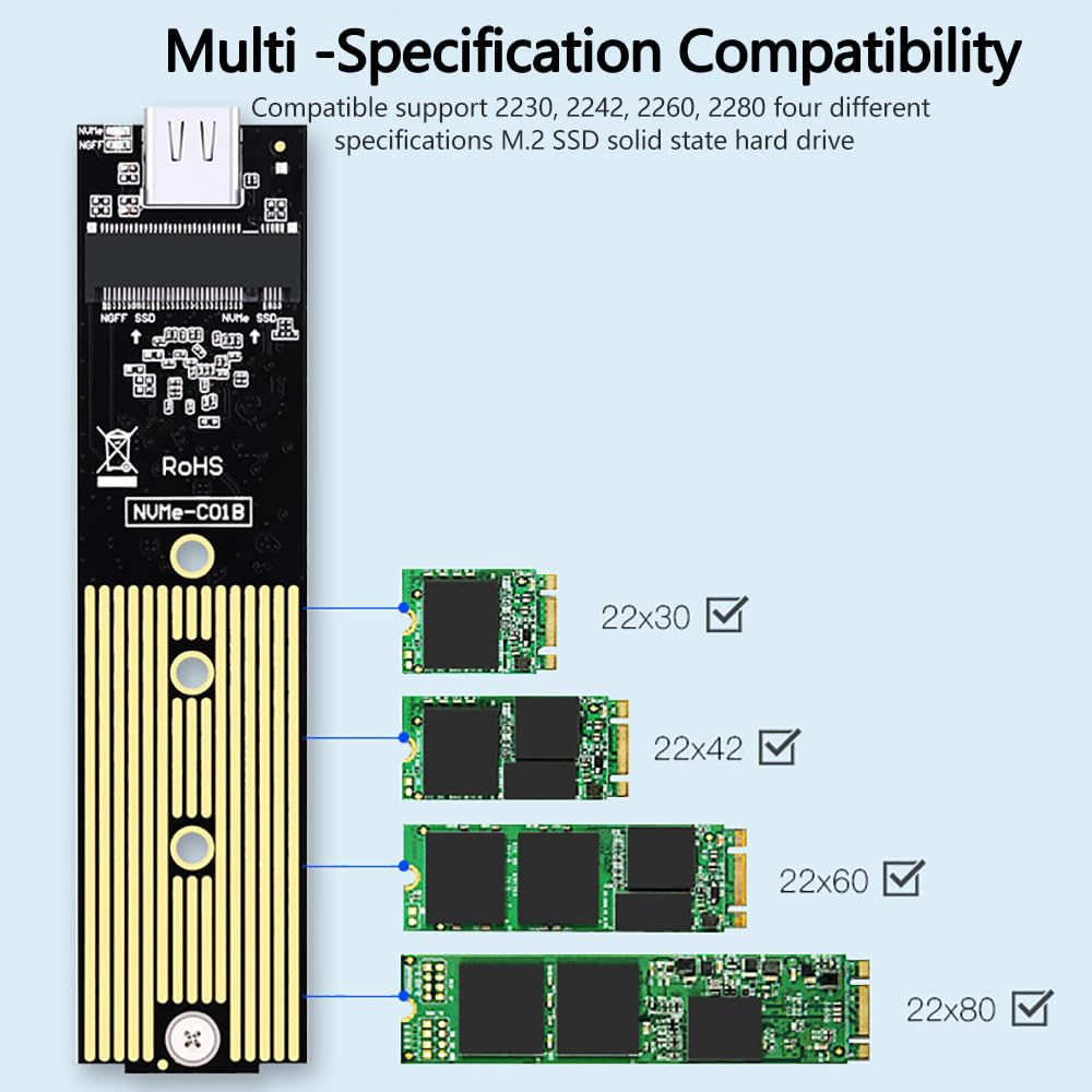 Boîtier SSD M.2 NVMe USB 3.1 USB-C Adaptateur pour M.2 PCIe NVMe M-Key 2230/2242/2260/2280