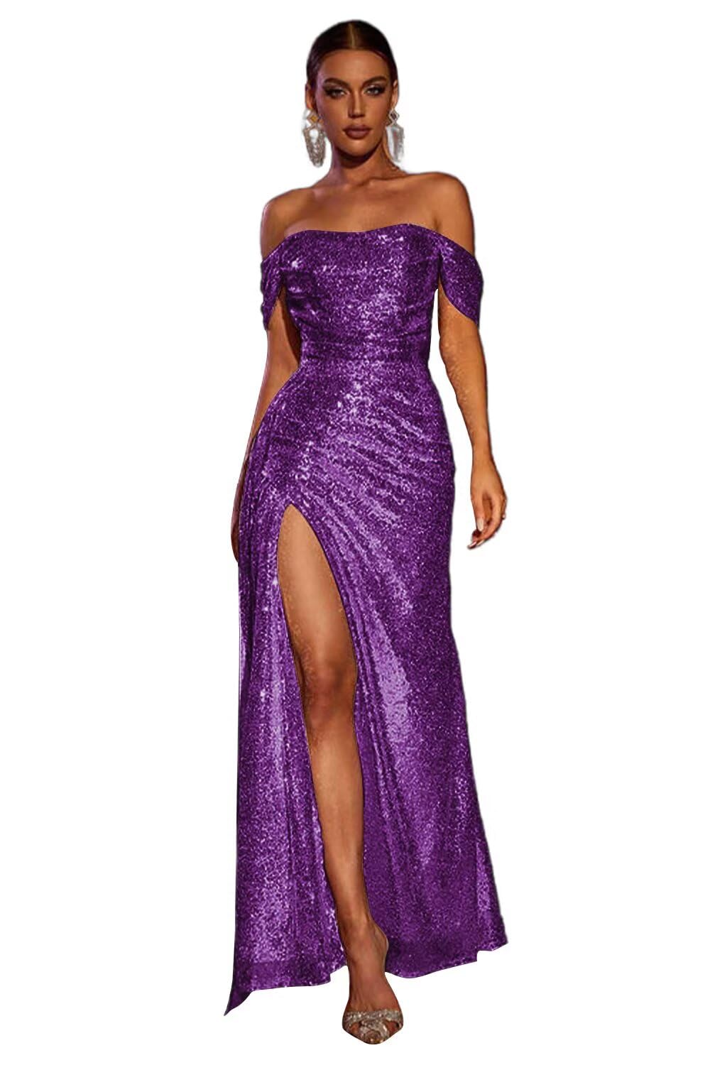 Stanjiehu Women’s Sparkly Sequin Prom Dresses 2025 Long Off The Shoulder Mermaid Formal Evening Gown with Slit