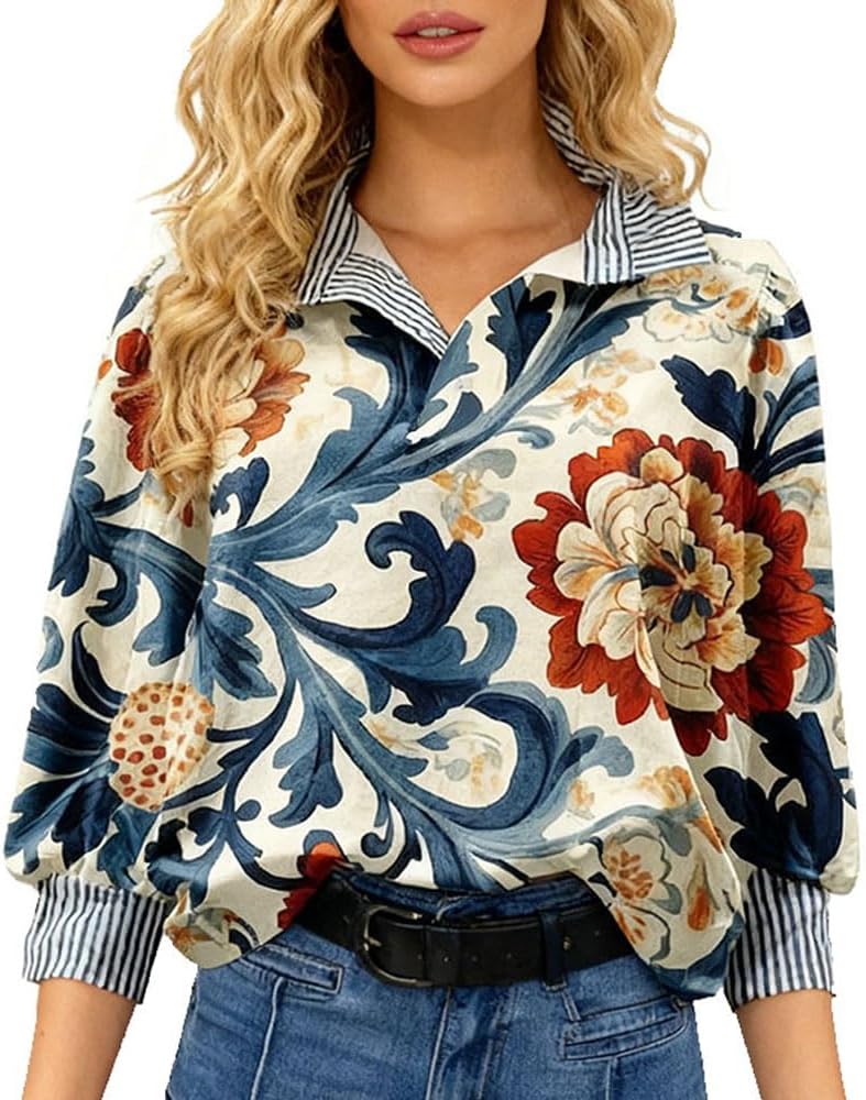 Women's Floral Blouses Dressy Casual V Neck Button Down Shirts Long Sleeve Boho Tops 2025