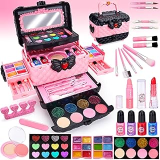 Chennyfun Kids Makeup Sets for Girls, 53 Pack Real Washable Make Up Set Toy for Little Girl Age 3 4 5 6 7 8 9 10 Years with Pink Butterfly Drawer Box for Girls Christmas Birthday Play Game