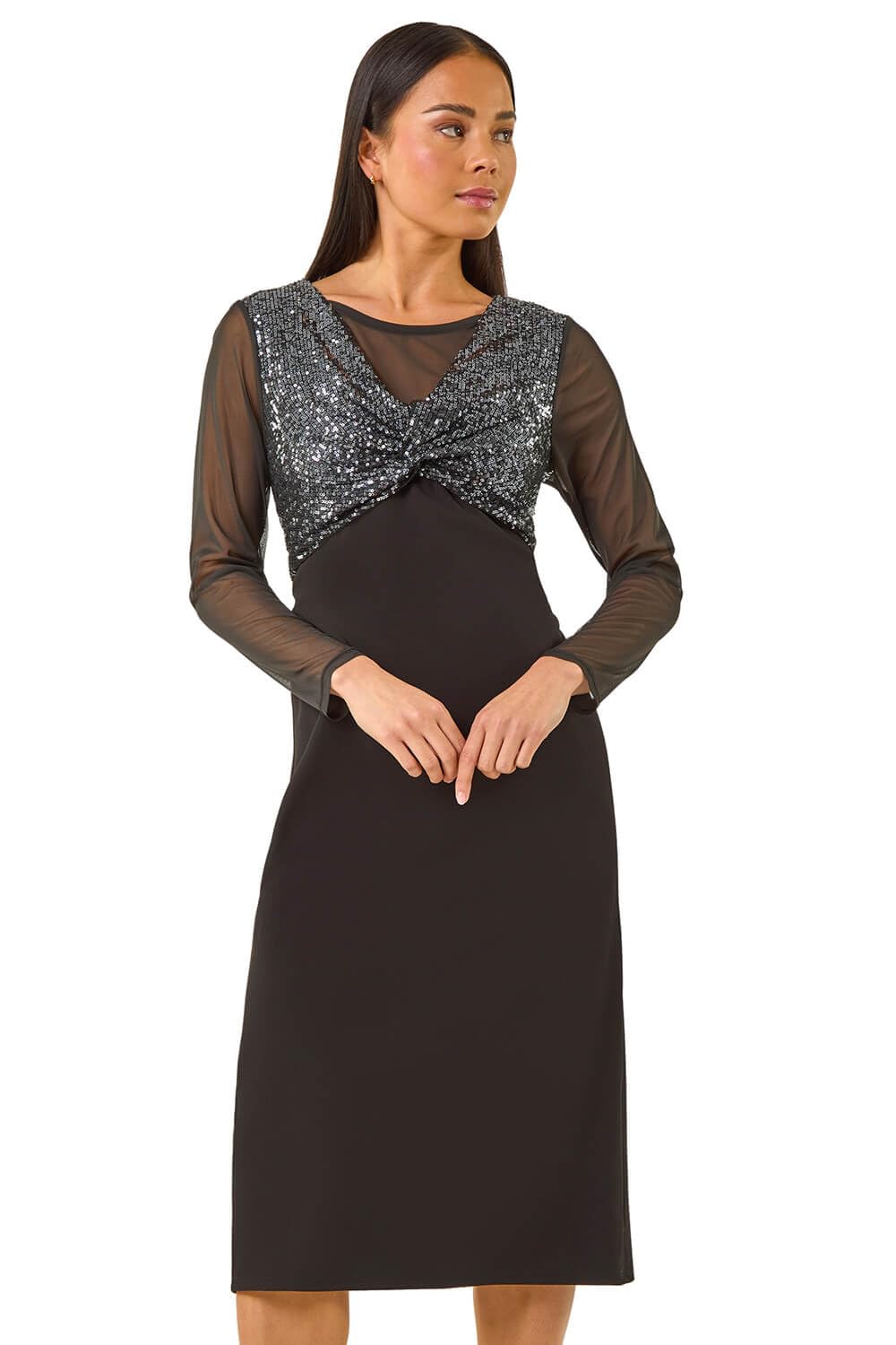 Roman Originals Women's Black Roman Petite Sequin Contrast Knot Midi Dress For Uk - Everyday Autumn Winter Round Neckline Comfy Soft Evening Vacation Work Party Night Out - Petite - Size 14