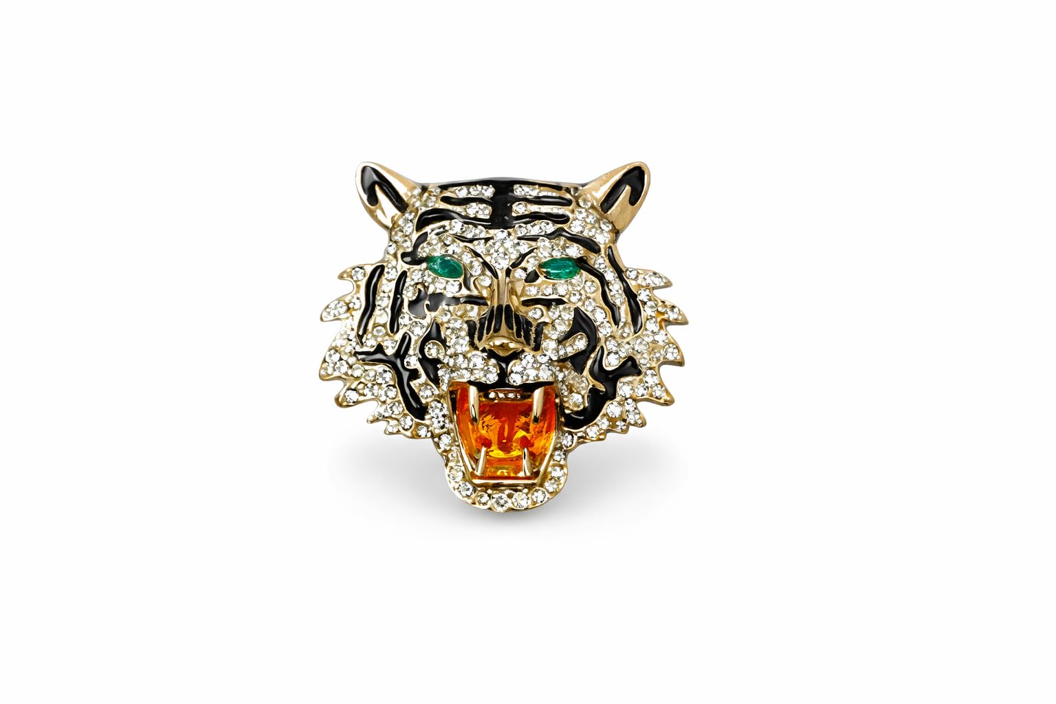 Tiger Head Brooch with Crystals, Green Eyes and Orange Mouth Detail-image-27