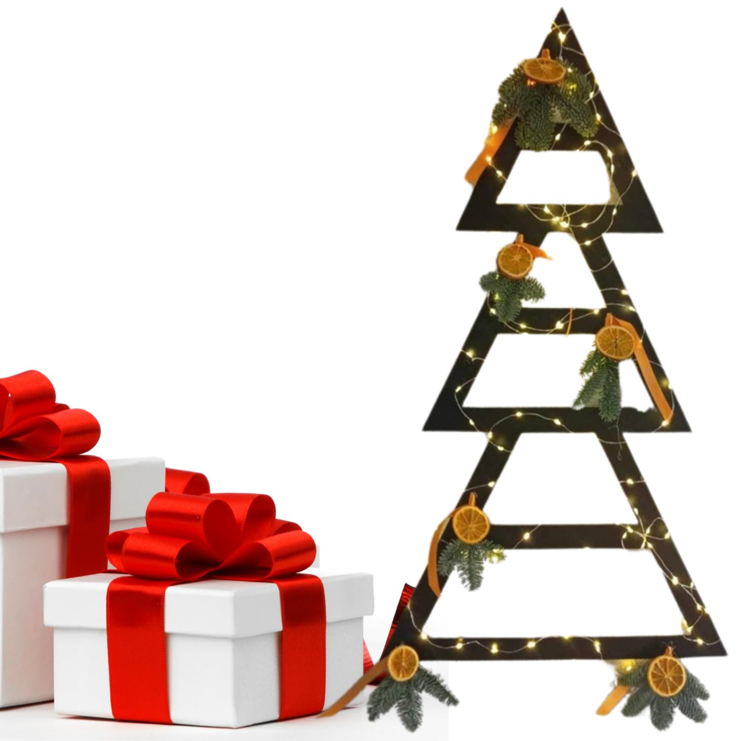 Albero di Natale in metallo nero, 80 cm x 45 cm, da appendere, decorazione natalizia per esterni, artificiale, albero di Natale, albero di Natale, decorazione da parete