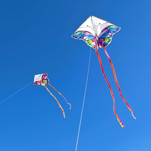 Miniatura 3 de Simxkai Cometa de mariposa para niños y adultos, fácil de volar, cometa grande azul para principiantes, mango de línea de 300 pies incluido (1
