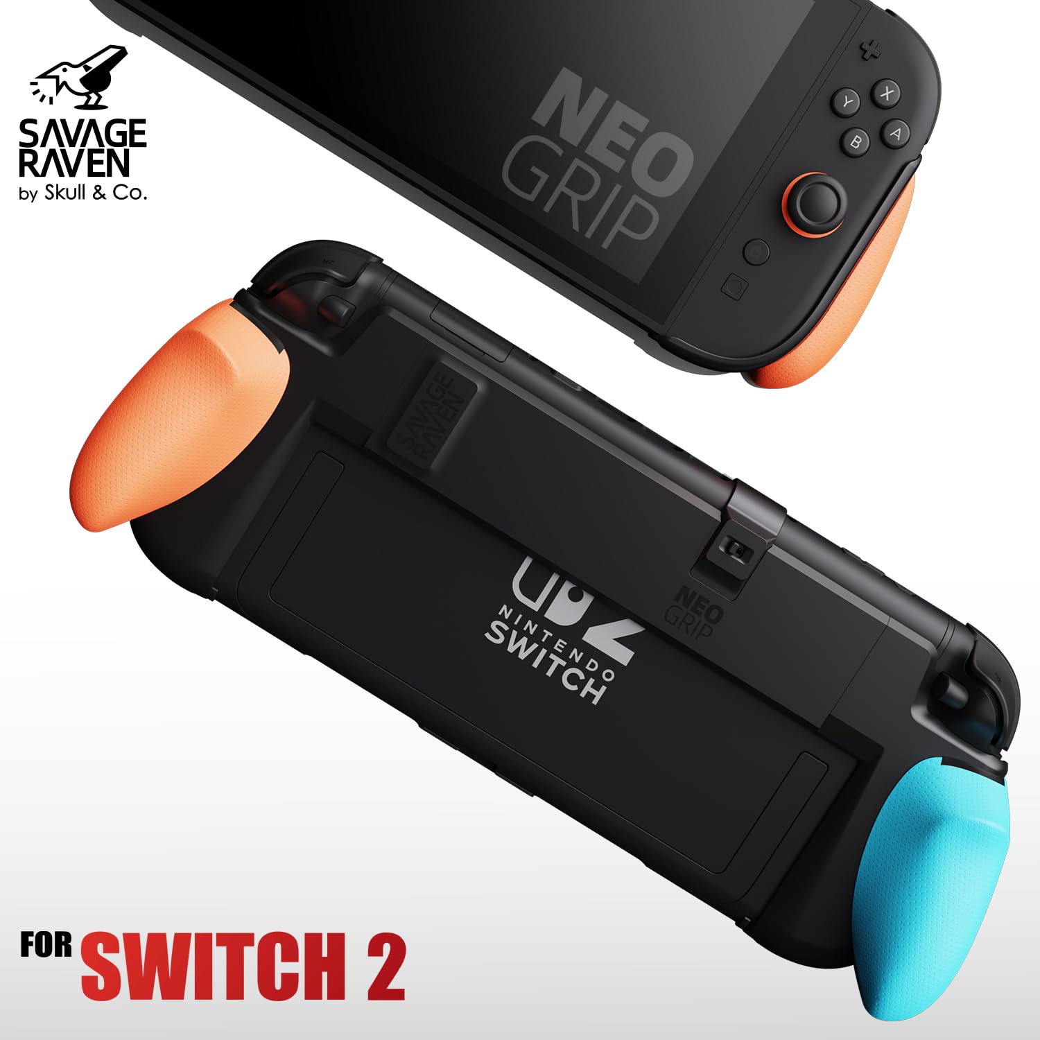 Savage Raven by Skull & Co. NeoGrip: an Ergonomic Grip Hard Shell with Replaceable Grips [to fit All Hands Sizes] for Nintendo Switch 2 - Neon Blue & Red