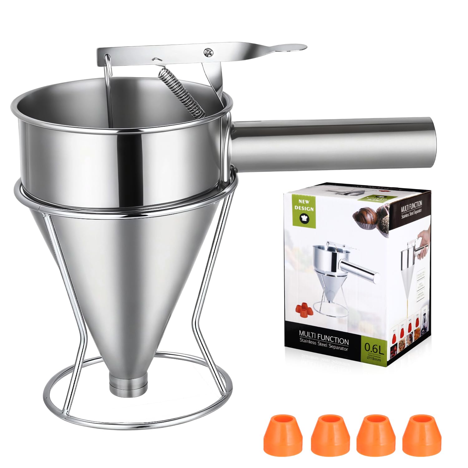 Imbuto Cucina, 600ml Imbuto per Pasticceria da Cucina in Acciaio Inox, Dosatore per Impasti con Supporto e 4 beccucci in silicone per Torte, Frittelle, Dessert, Waffle, Muffin