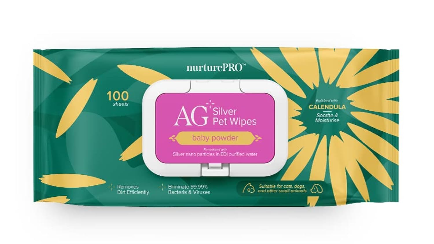 NURTURE PRO AG + SILVER PET WET WIPES BABY POWDER FOR CATS, DOGS & OTHER SMALL ANIMALS