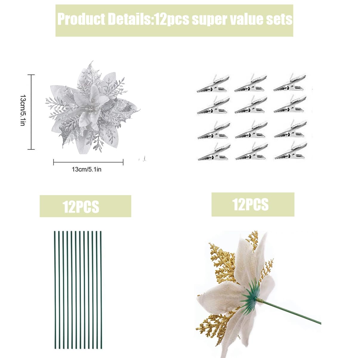 Leixi 12Pcs Poinsettia Flower Artificial Pointsettia with Clips Christmas Decor Glitter Poinsettia Christmas Ornaments Tree Flower Decor with Stems DIY Xmas Wreath Holiday Party Decor (Sliver) - Image 2