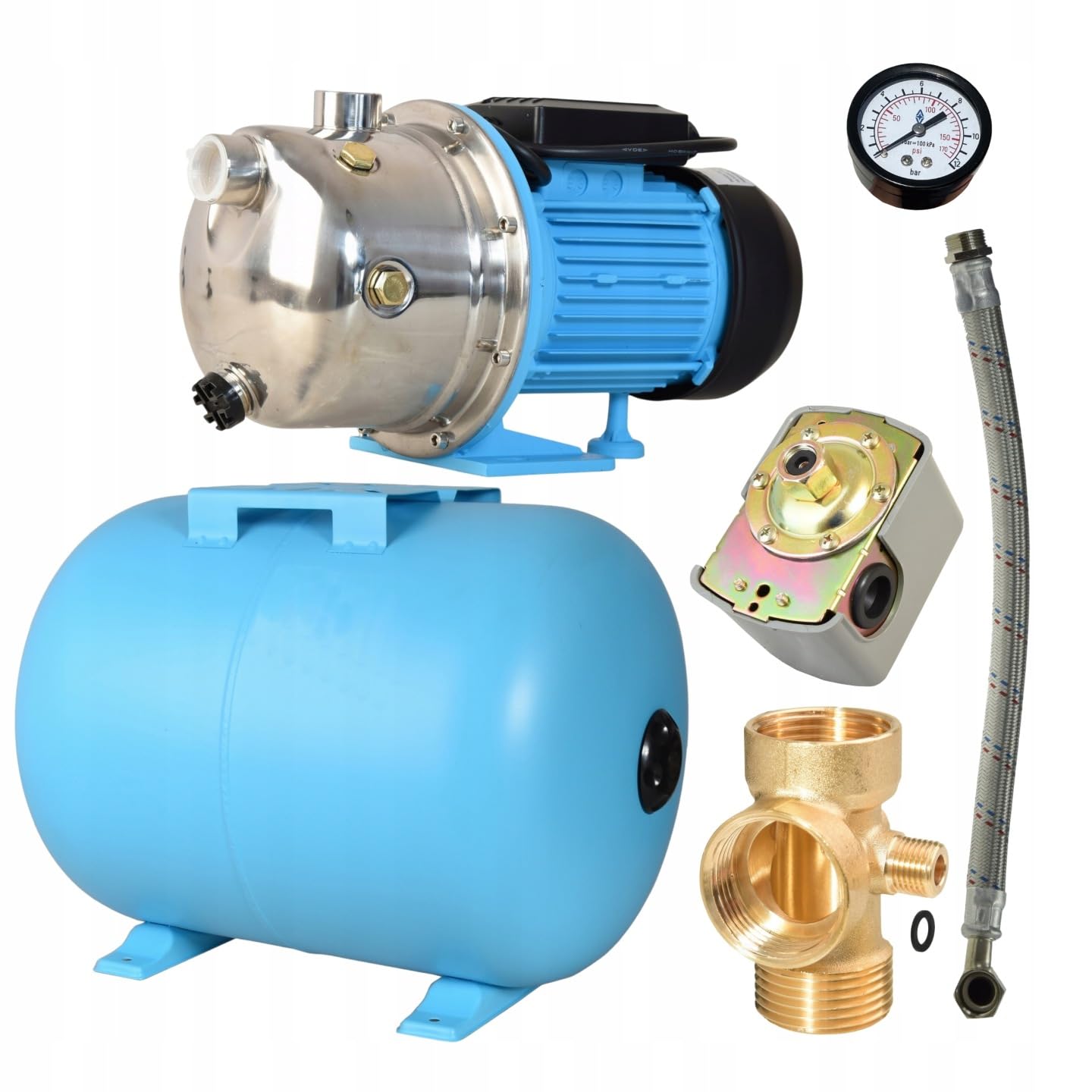 Serbatoio a pressione JS 1100 - Pompa per l'approvvigionamento idrico domestico con serbatoio da 100L - Acciaio inossidabile INOX - Pompa dell'acqua (3600 l/h, 1100W, altezza di sollevamento 50m