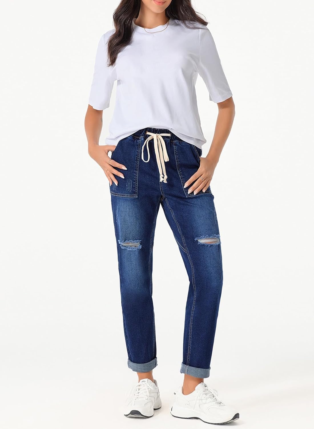 Sidefeel Women’s High Waisted Drawstring Jeans Pull On Cargo Joggers Zimbaplatinum Ripped Elastic Waist Denim Pants - Image 7