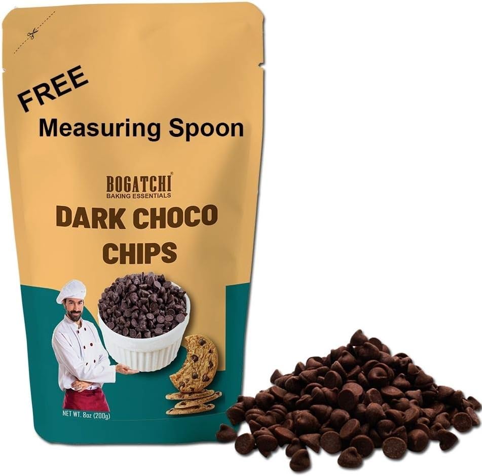 BOGATCHI Chocolate Chips for Baking and Decoration, Dark Chocolate Chips, Dark Chocolate Chips, Gluten Free and Tasty, 200g with Free Measuring Spoon