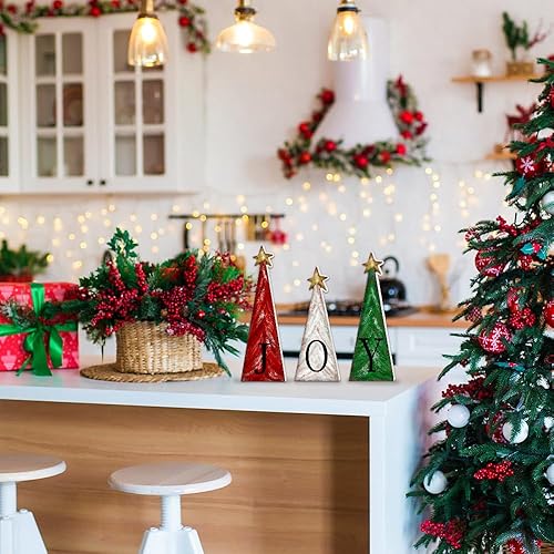 Miniatura 4 de YUJUN 3 piezas de decoración de madera para árbol de Navidad con pequeñas estrellas doradas, bandeja escalonada para árbol de Navidad, decoración de