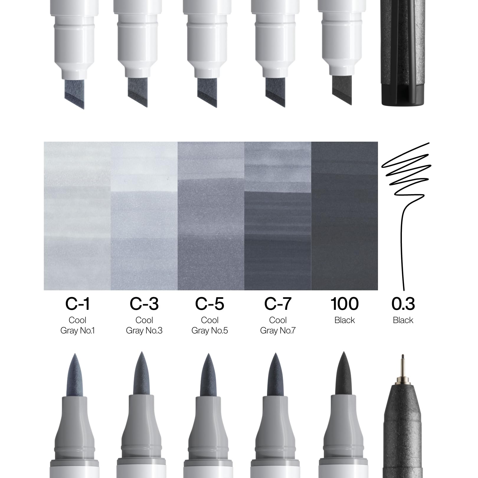 COPIC Ciao Marker 5+1 Set "Grey Tones", 5 markerów uniwersalnych na bazie alkoholu z jedną końcówką średniej szerokości i jedną pędzelkową, w tym 1 Multiliner 0,3 mm