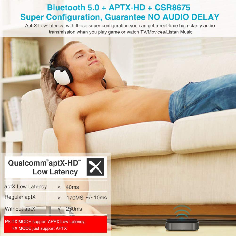RSGK Transmisor Y Receptor Bluetooth 5.0, 3.5 Mm/SPDIF/Toslink Óptico Digital, Adaptador Bluetooth Inalámbrico 2 En 1 con Baja Latencia Y Sonido De Alta Definición, TV, PC, Teléfono, Automóvil