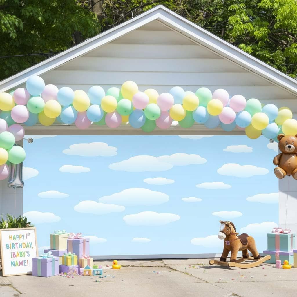 7X16ft Blue Sky White Cloud Garage Door Decoration Background Cartoon Kids Newborn Party Backdrops Children Portrait Boys Girls Baby Shower Kids Birthday Banner Cover