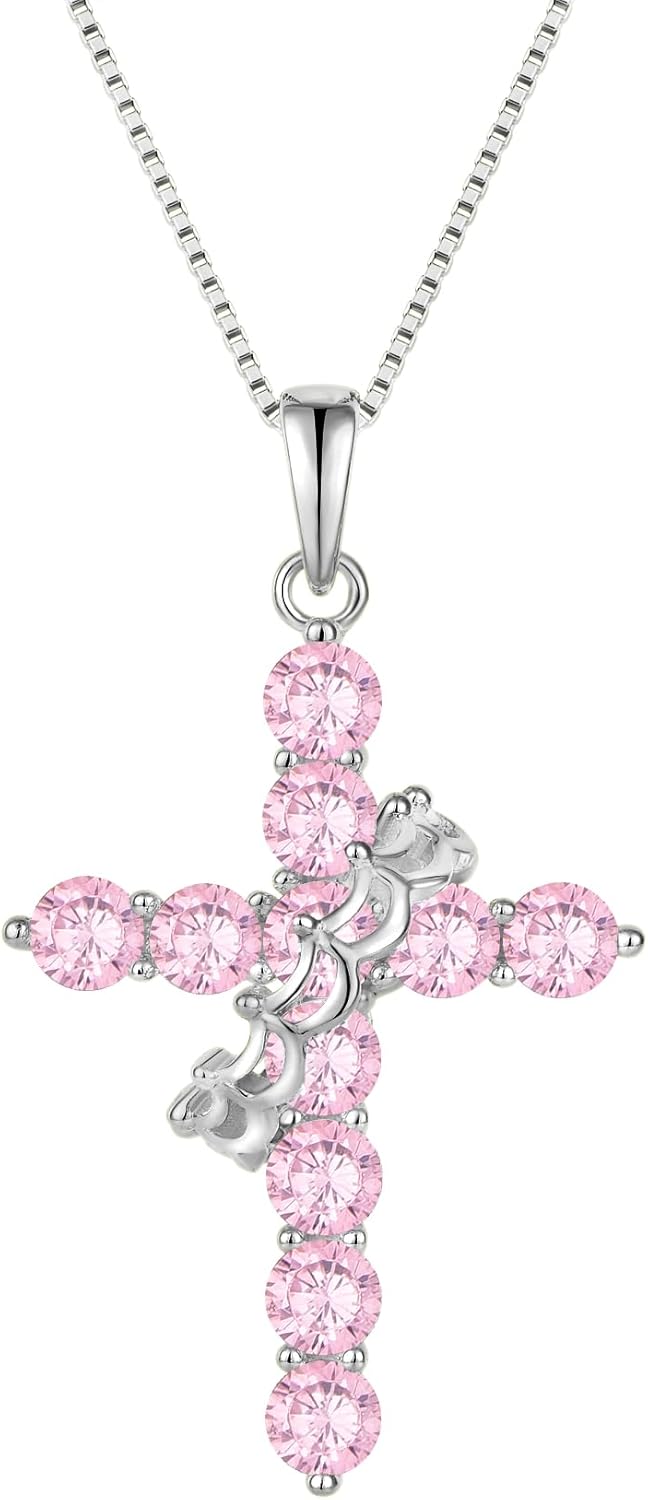 Rotated Crown Cross Necklaces for Women, 925 Sterling Silver Round Cut Zircon Neckalce Pendant With Ring Birthstones Jewelry for Her