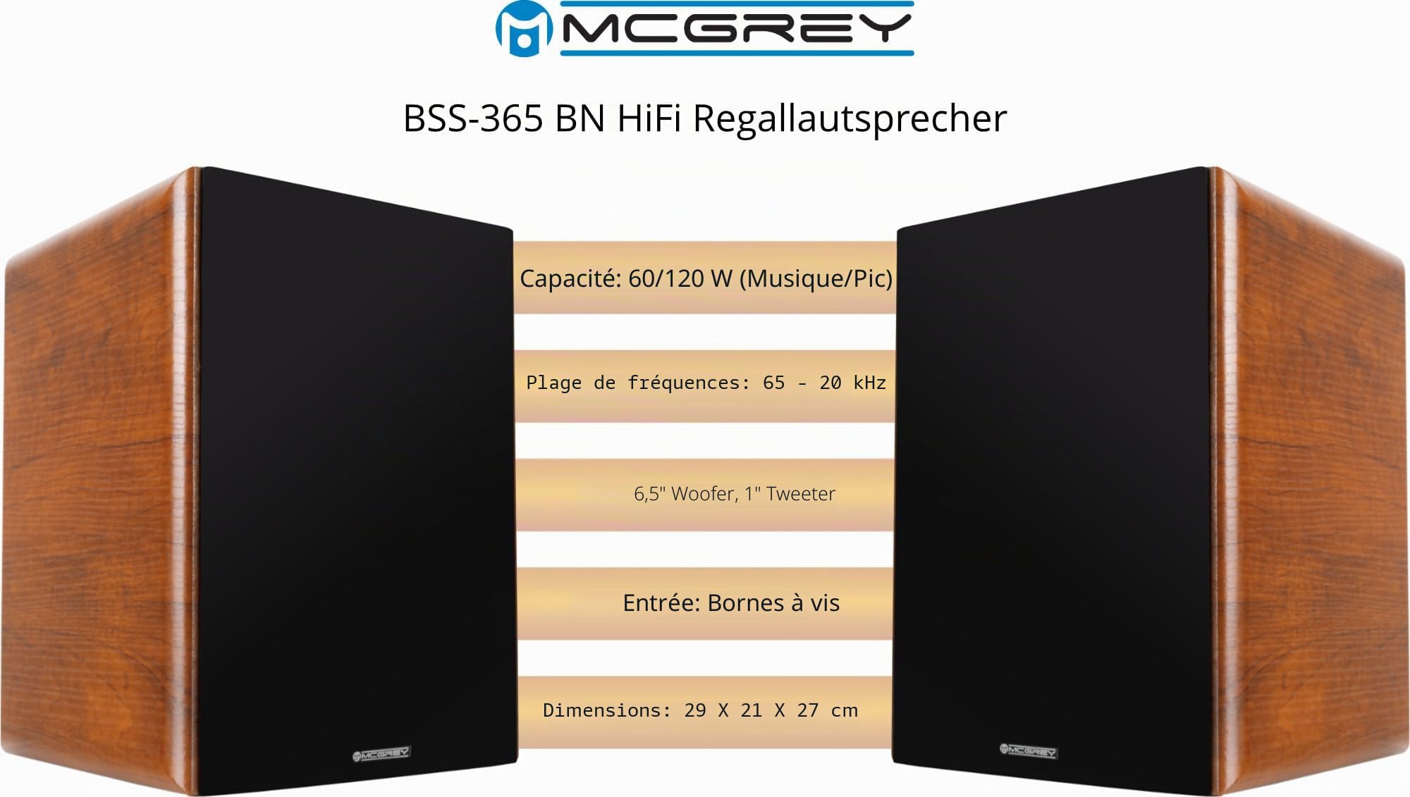 McGrey BSS-365 BN 6, 5" Enceintes HiFi Bibliothèque Paire Marron 2X 60W RMS
