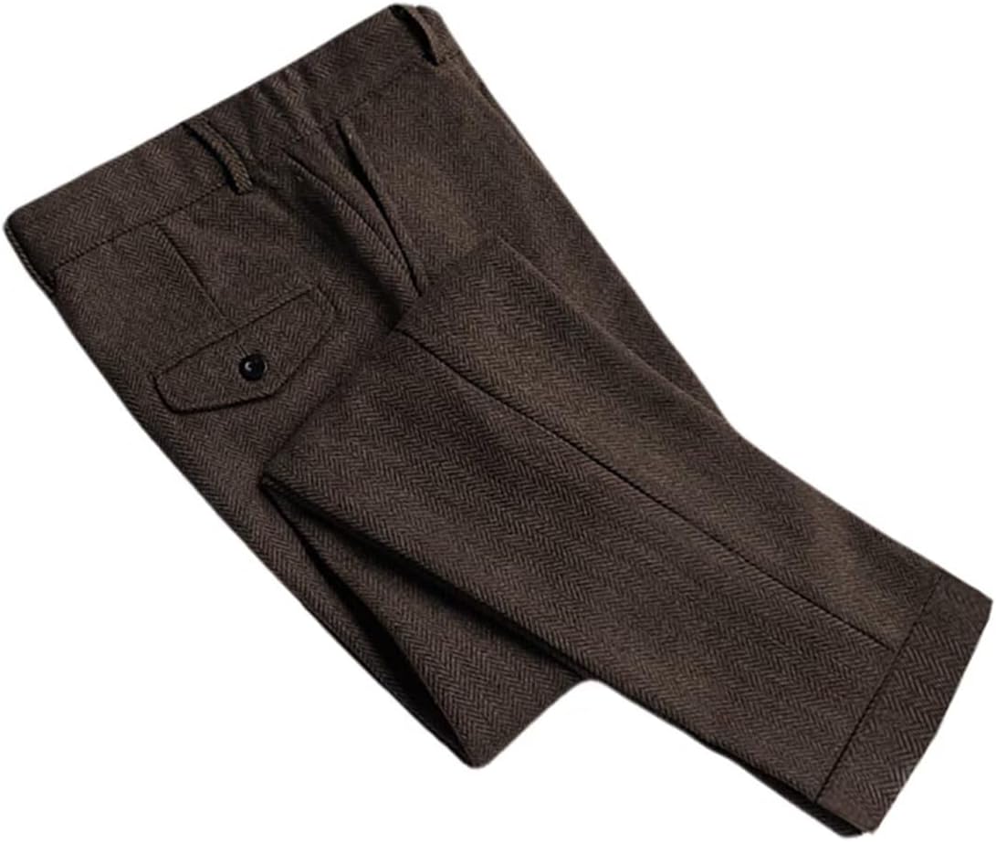 Men's Herringbone Pants Vintage Slim Fit Casual Wool Tweed Flat Front Pants