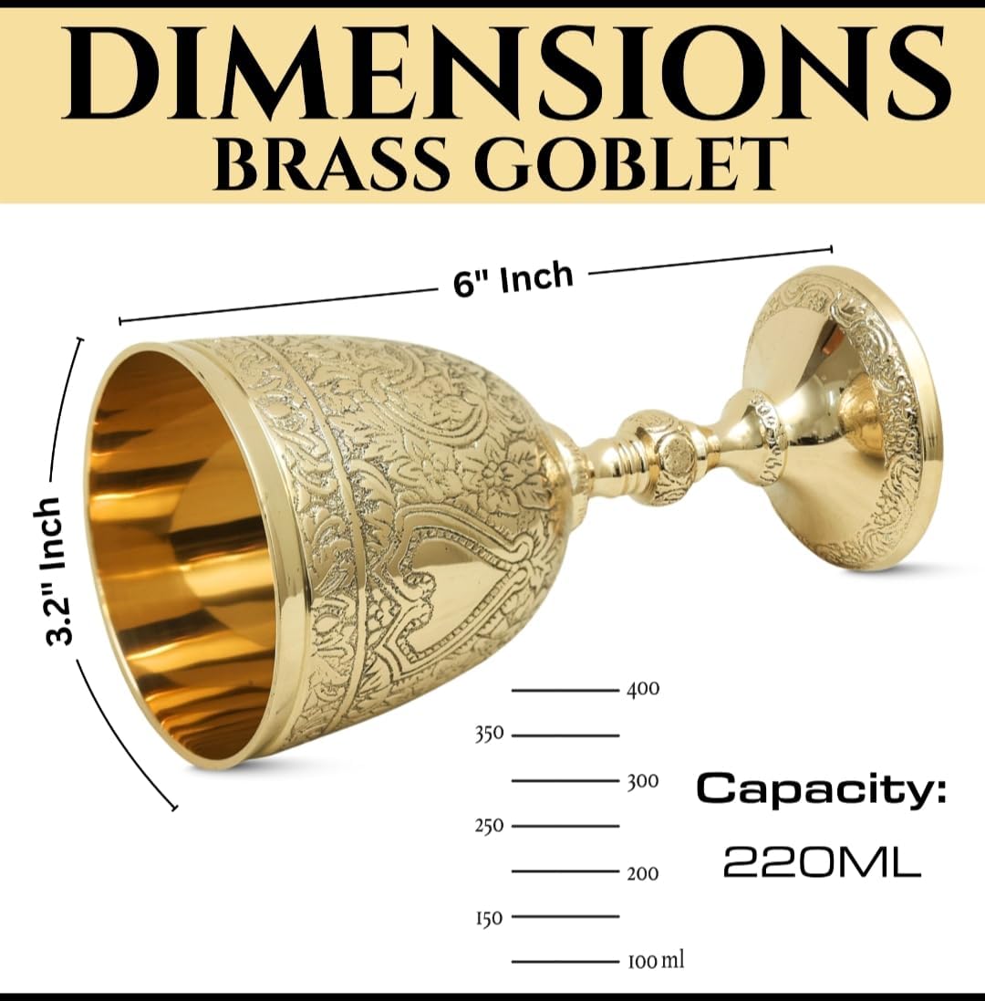 Handcrafted Brass Goblet Royal Wine Glass – Vintage Engraved Chalice, Decorative Drinking Cup for Home Bar, Wine, Whiskey & Royal Table Décor (Pack of 1) 7 oz / 210 ml