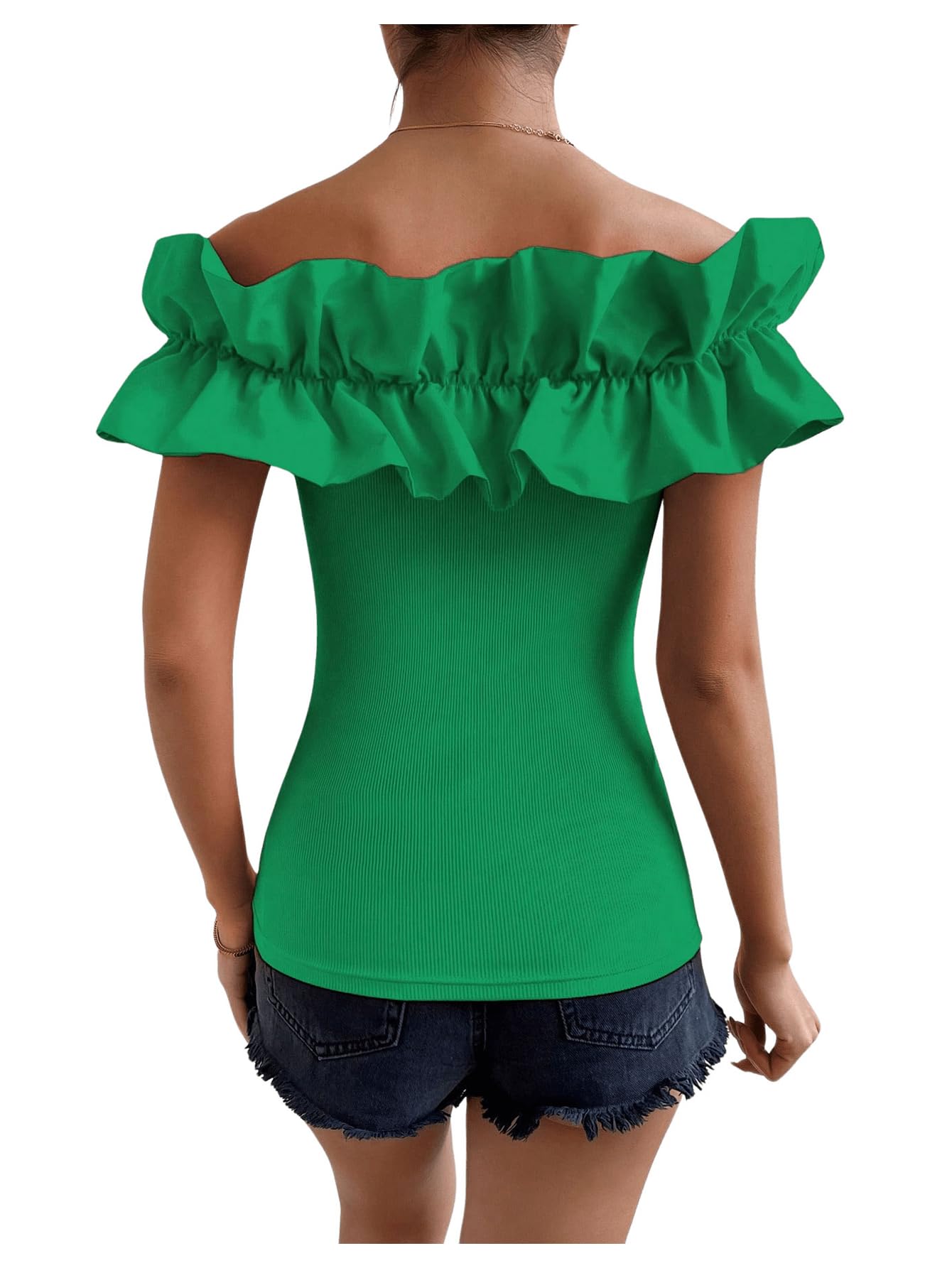 OYOANGLE Women's Ruffle Trim Off Shoulder Short Sleeve Blouse Party Tops Shirt