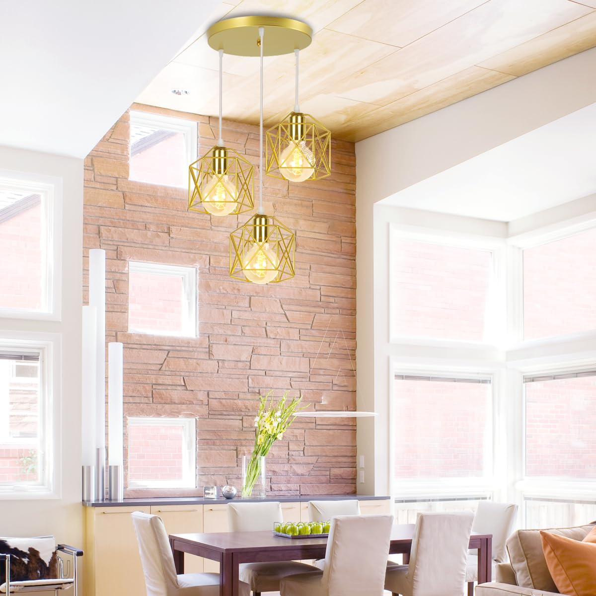 Suspension Luminaire Industrielle 3 Lampes Vintage E27 Lustre Abat-jour en Métal Design pour Salon Chambre Cuisine (Doré - avec une base)