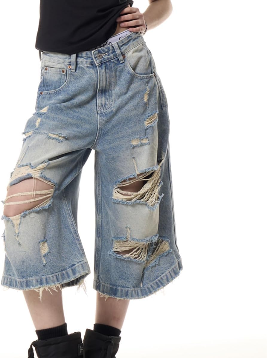 Y2K Fashion High Waisted Straight Leg Jeans Casual Streetwear Ripped Fringe Baggy Washed Denim Pants