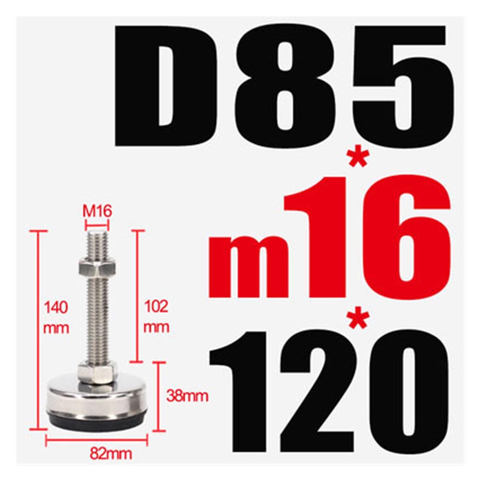 Piedini di regolazione fissi a livello 4 pezzi in acciaio inossidabile con diametro 85 mm vite M16 for l'industria, cuscinetto smorzamento in gomma pesante for macchinari