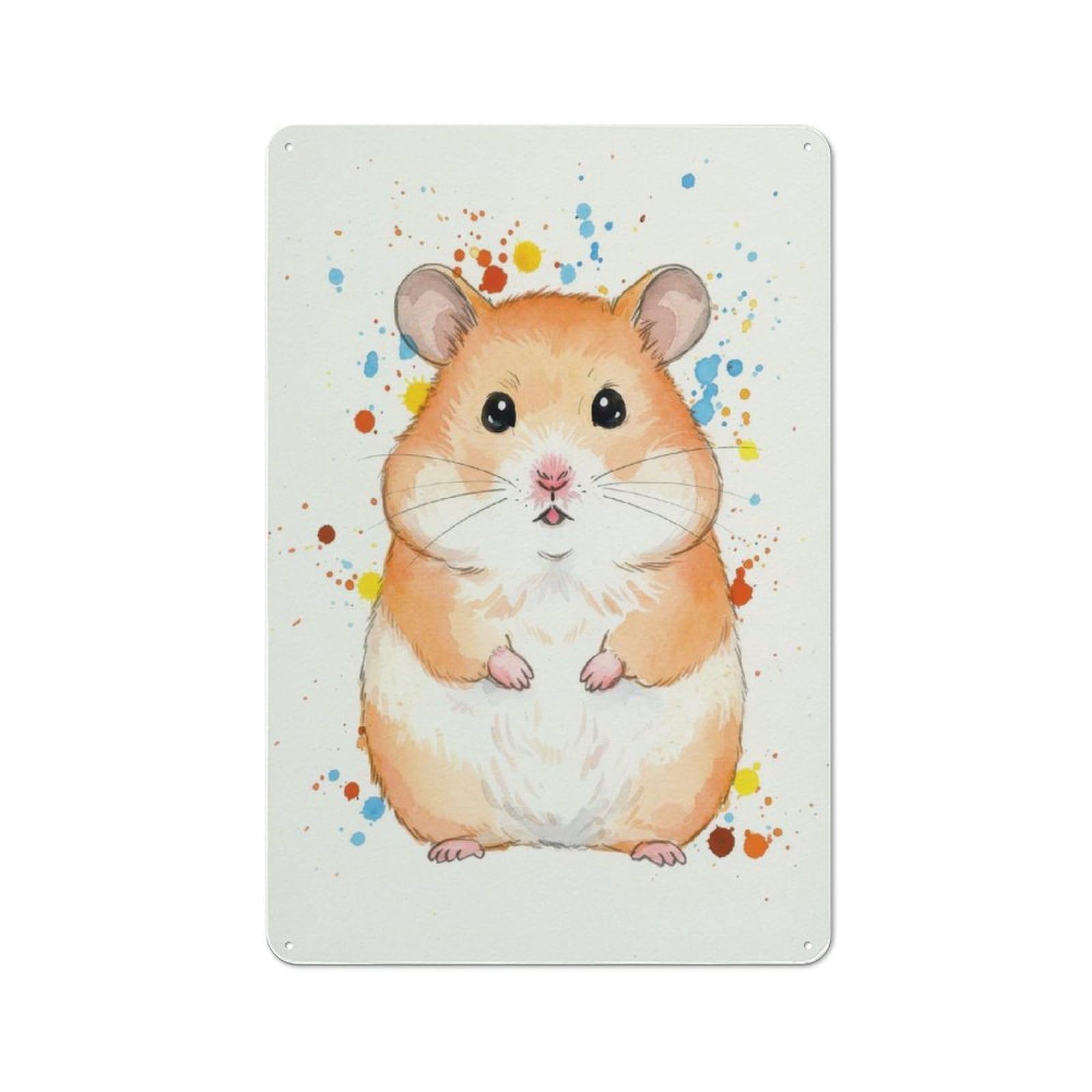 Watercolor Hamster with Colorful Splatters Retro Metal Sign 30x20cm for Studio Or Craft Room, A Christmas Gift for People Styling Studio And Craft Room