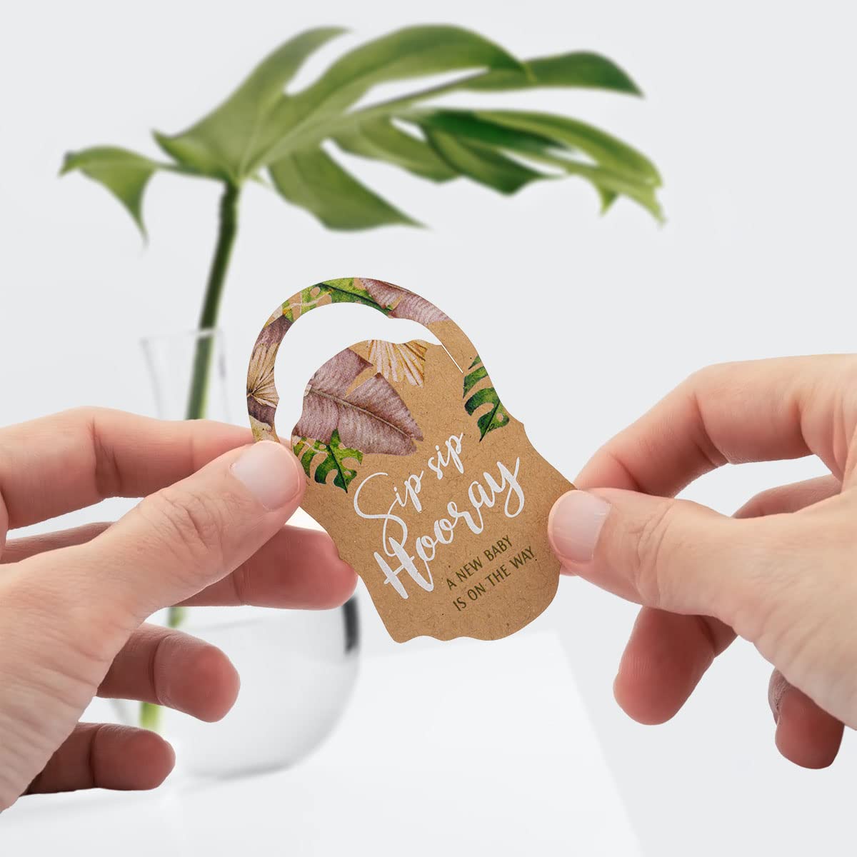 Summer-Ray 50pcs Sip Sip Hooray a New Baby is on The Way Mini Liquor Bottle Tags Baby Shower Tags with Tropical Leaves (Kraft Brown) - Image 3