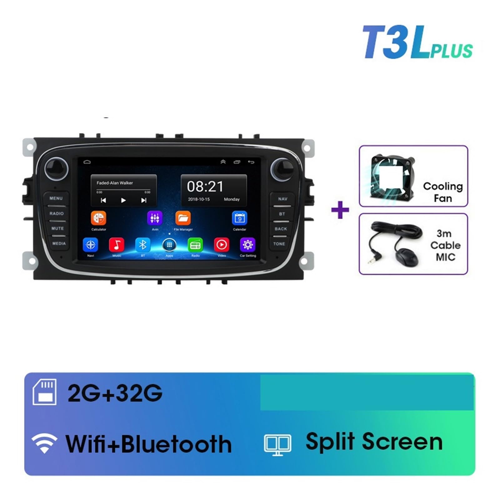Nawigacja satelitarna Radio Samochodowe Multimedialny Odtwarzacz Wideo Nawigacja GPS(T3LPlus-MIC(Black))