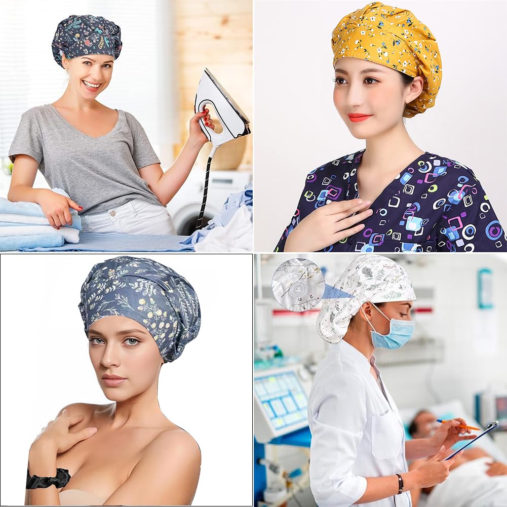 6PCS Verstellbar Op Hauben Damen, Op Haube Stoff mit Satinfutter, Satin Haarhaube mit Knopf, Arbeitskappe Mit Schweißbandkapuzen, Staubhauben Kappe, Kochmütze, Unisex Baumwolldruck Chirurgische