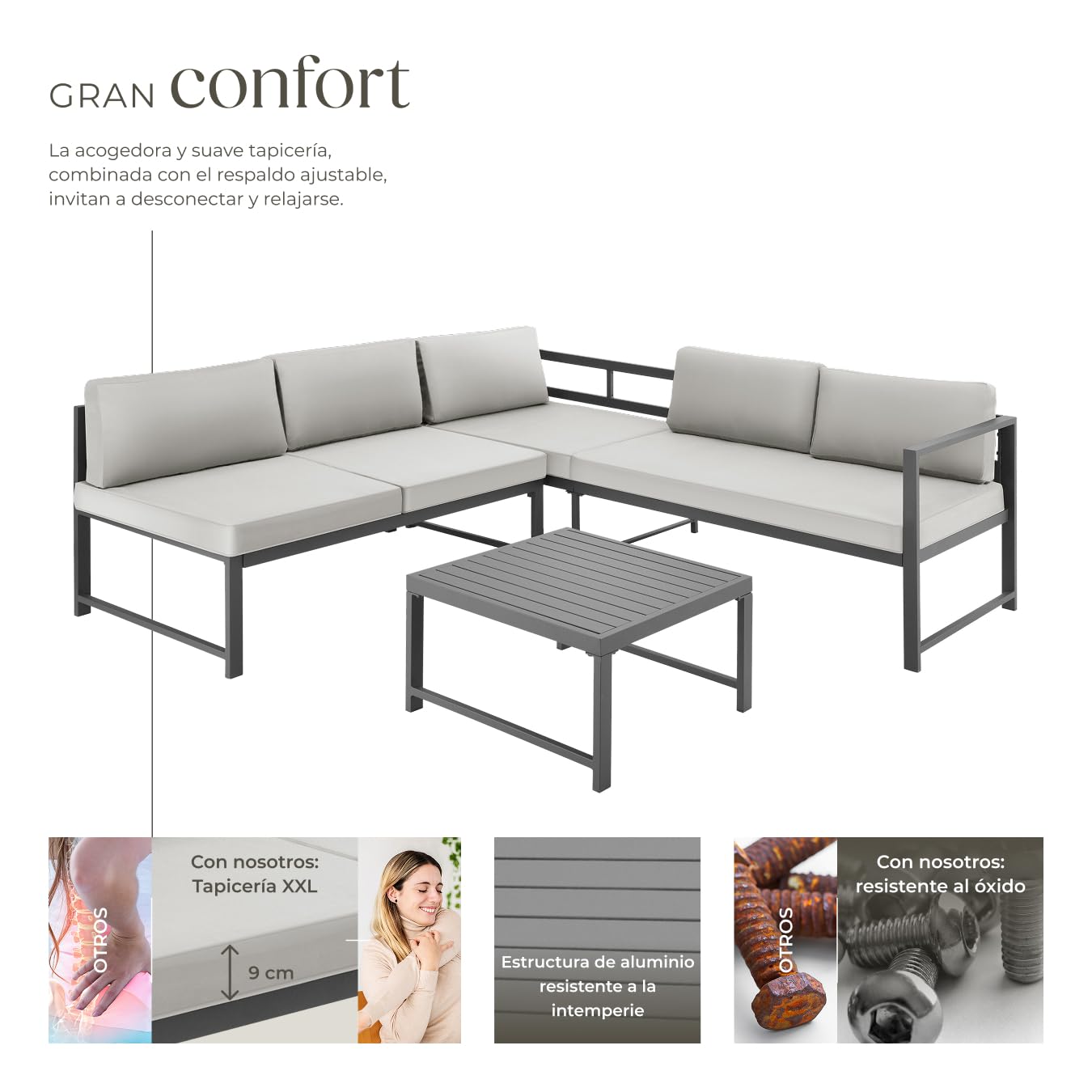 tectake® Conjunto de Muebles de Jardín, Sofa Exterior, Mesa de Exterior, Aluminio Ligero, Cojines Impermeables, Muebles Terraza, Sofá Exterior, Fácil de Limpiar, Resistente a la Intemperie - Gris