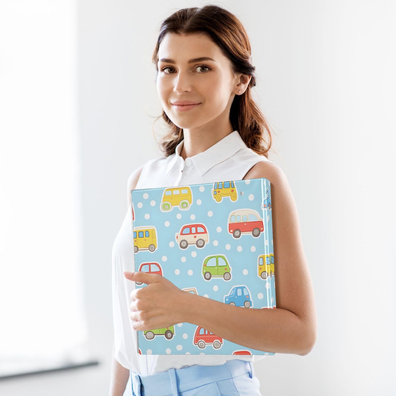 Confezione da 2 raccoglitori a 3 anelli, con motivo auto in stile cartone animato, 3,8 cm, con 3 tasche trasparenti, portablocco e contiene 200 fogli, per ufficio, scuola, organizzazione