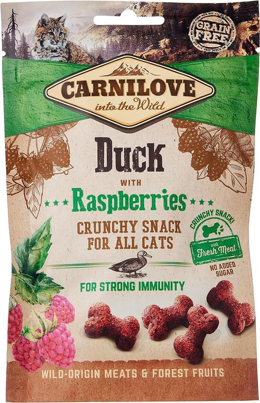 CARNILOVE Crunchy Snack Duck with Rasberries, 3 sztuki w opakowaniu, 3 x 50 g, smakołyki dla kotów, kaczki i maliny, bez dodatku cukru, egzotyczny smak mięsa