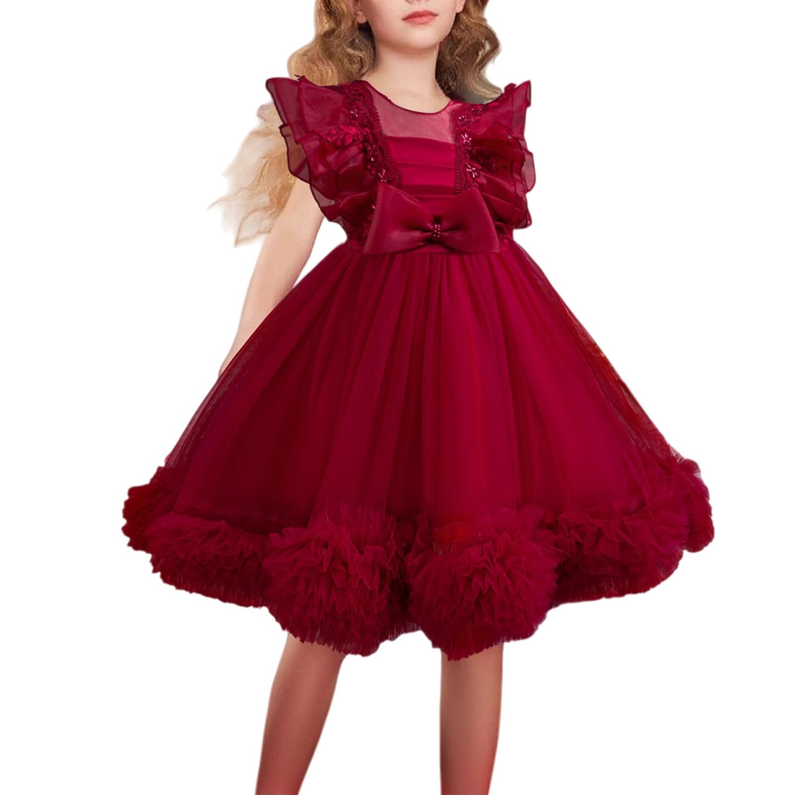 Abito da principessa per ragazze, in tulle, con fiocco, per feste di compleanno, formali, balli studenteschi, matrimoni, damigelle d'onore, concorso, maniche a volant, abiti car