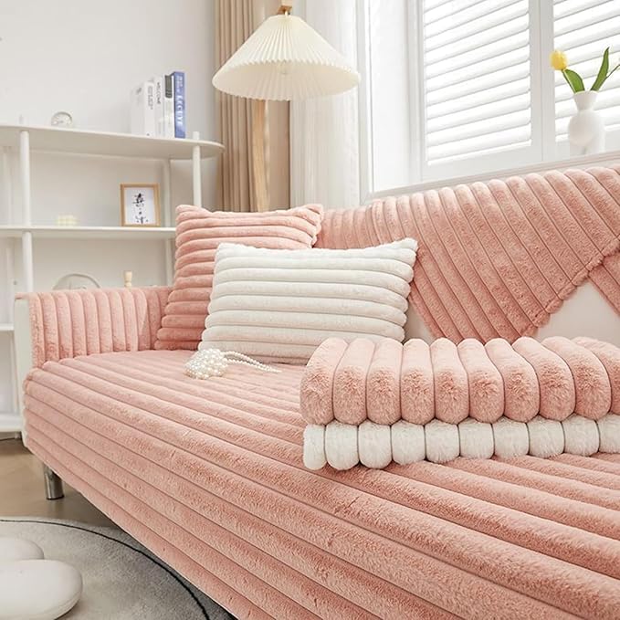Aocase Funda para Sofá de Felpa Gruesa y Cálida 1 2 3 4 Plazas Protector Cubre Sofa, Funda para Sofá de Esquina, Antideslizante, Elegante y Lujosa Funda de sofá de Felpa,Rosa,70×210cm